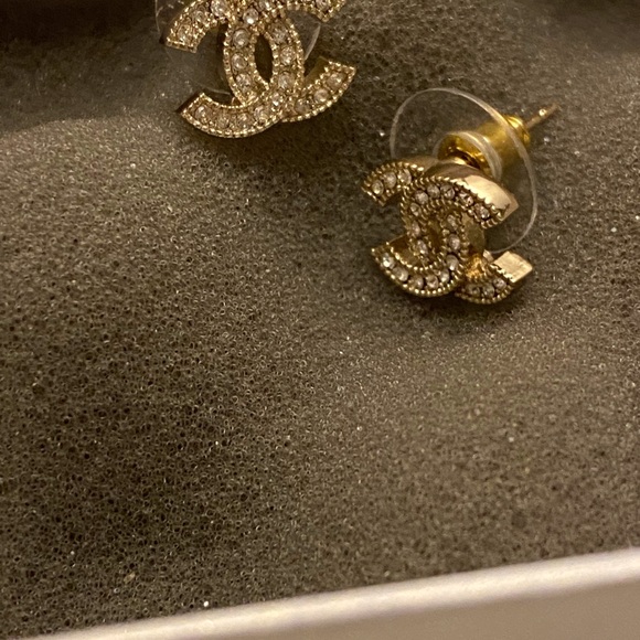 Chanel Gold Metal and Silver Crystal Mini Tiny Classic Stud Earrings - Picture 9 of 10